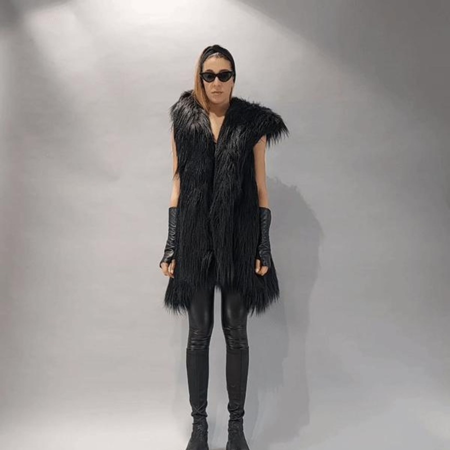 Women LA HAINE INSIDE US | A34Q Lw527 Lined Faux Fur Sleeveless Coat Black