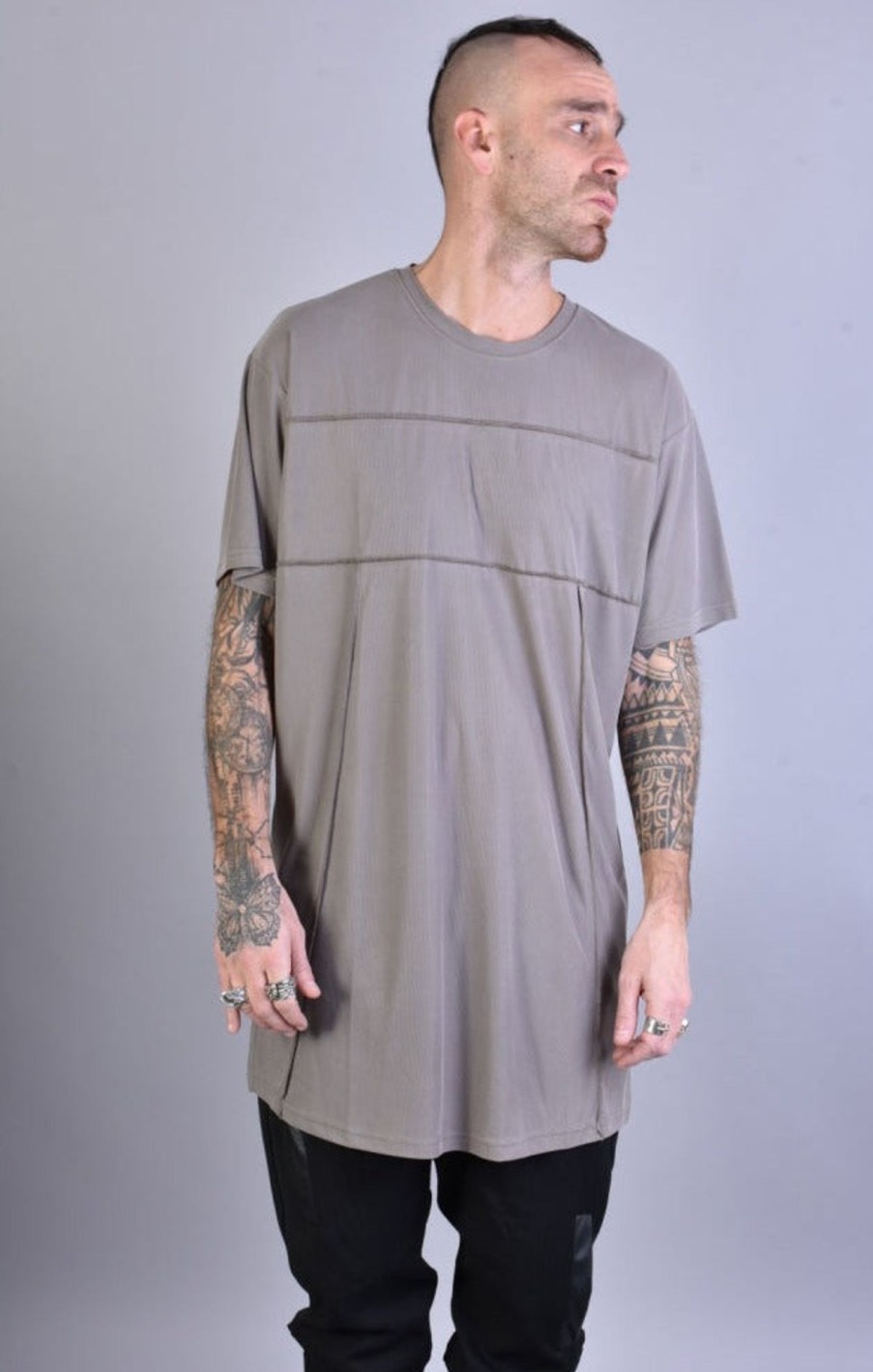 Men LA HAINE INSIDE US | A33J Lm063 Fango Long Over Modal T-Shirt With A Lateral Slit Grey